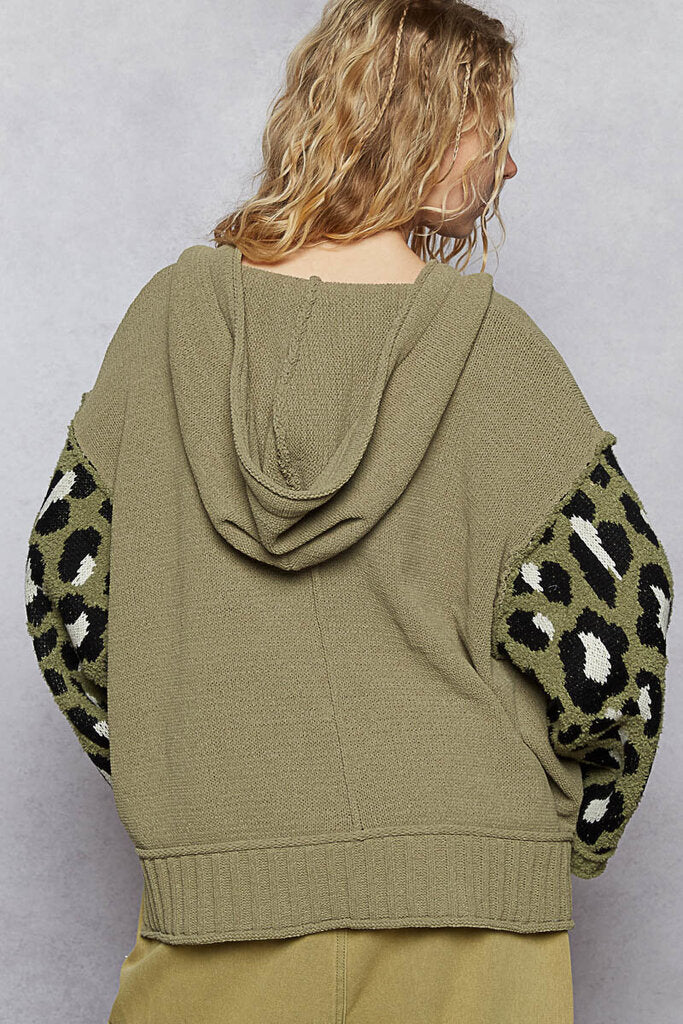 POL, Sweater,Chenille Hoodie w/Leopard Patches