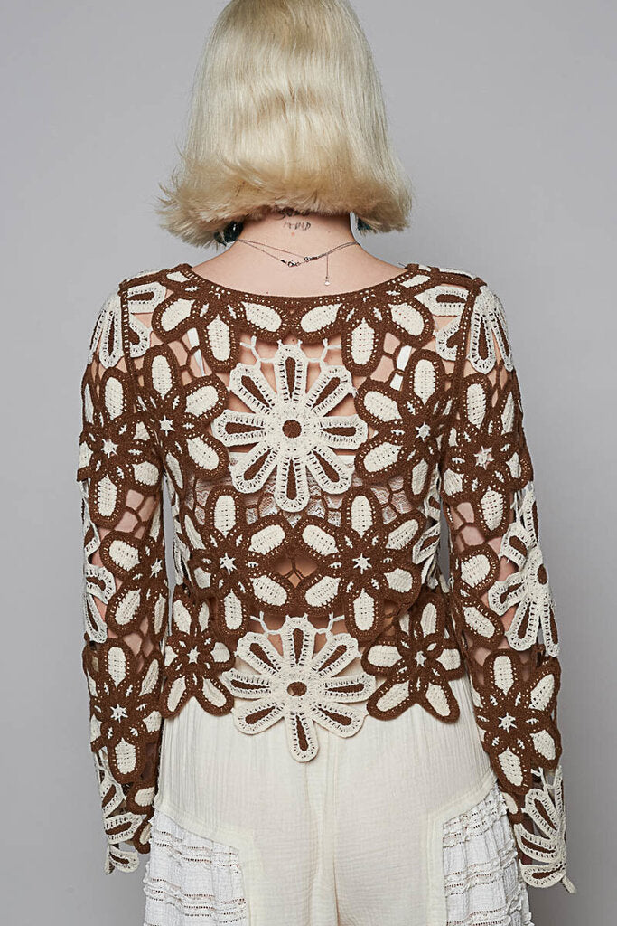 POL, Sweater,LS Crochet Floral Weave,Brown Beige,OS