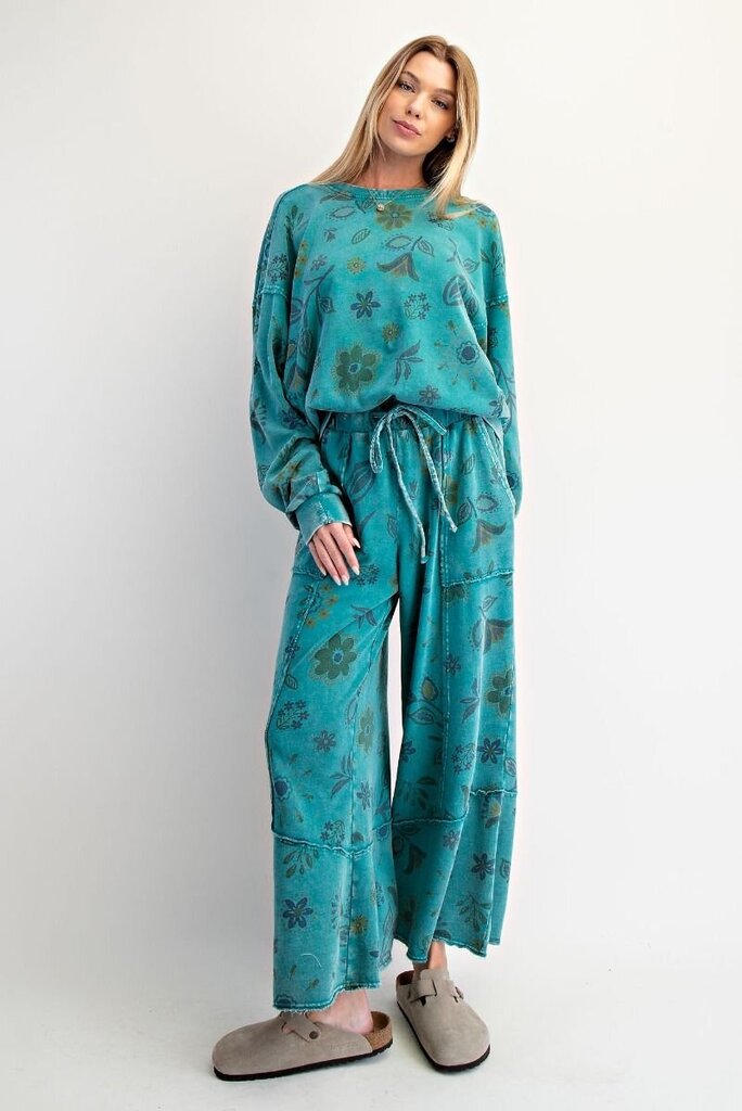 easel, Pants,Floral Printed Washed Terry Drawstring
