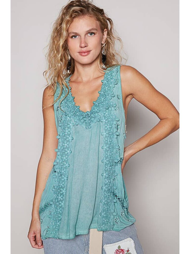 POL, Top,V Neck Floral Crochet Trim