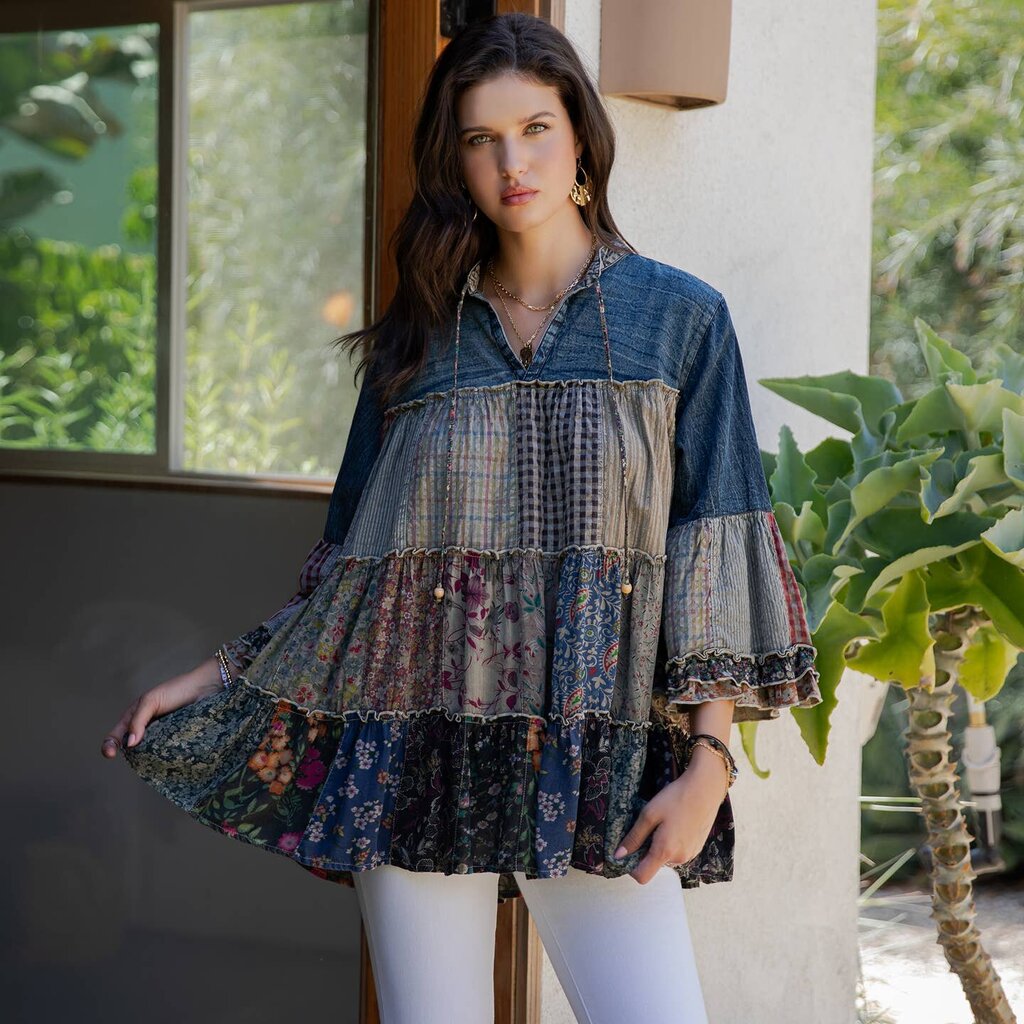 Young Threads, Top,Patchwork Tiered Top w/Self Tie