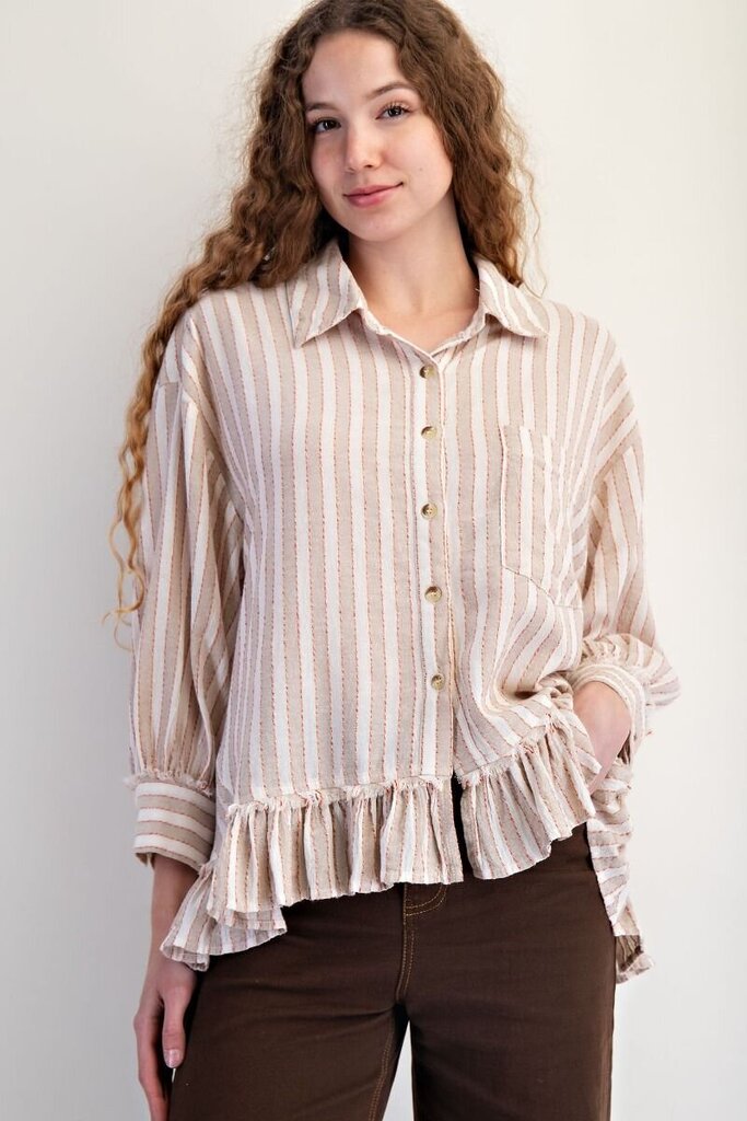 easel, Top,Striped Linen Ruffle Top