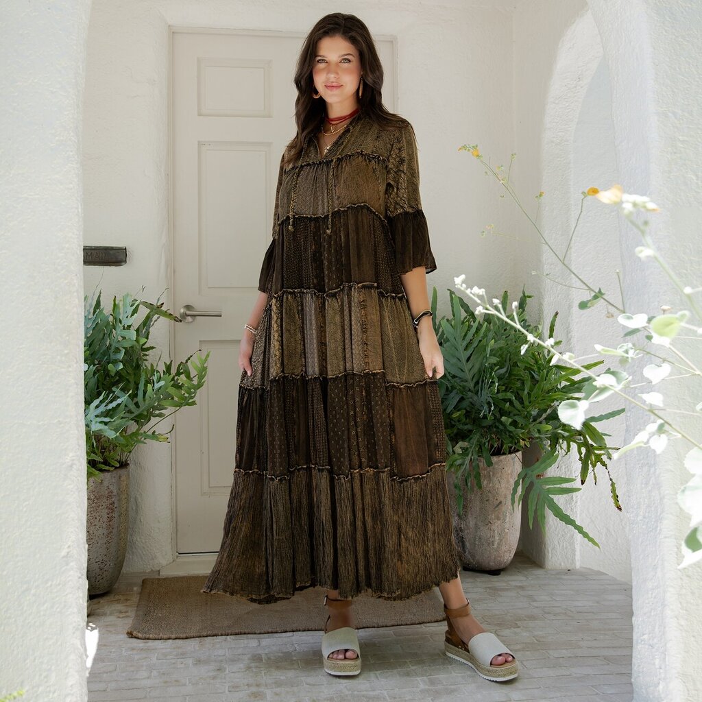 Young Threads, Dress,Boho Tiered Maxi ,Amber Olive,S Young Threads, Dress,Boho Tiered Maxi ,Amber Olive,S