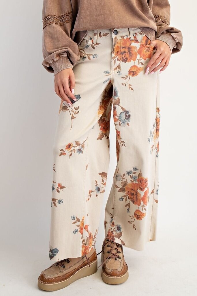 easel, Pants,Floral Print Raw Hem