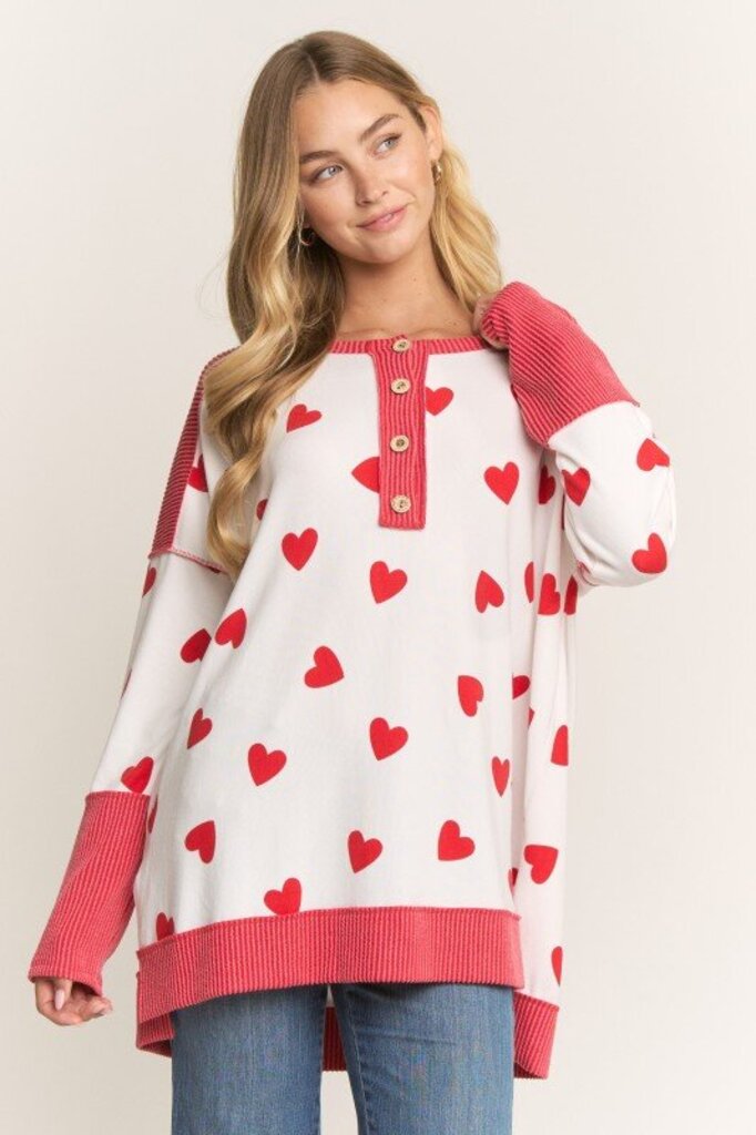 Heimish, Top,Heart Print Henley