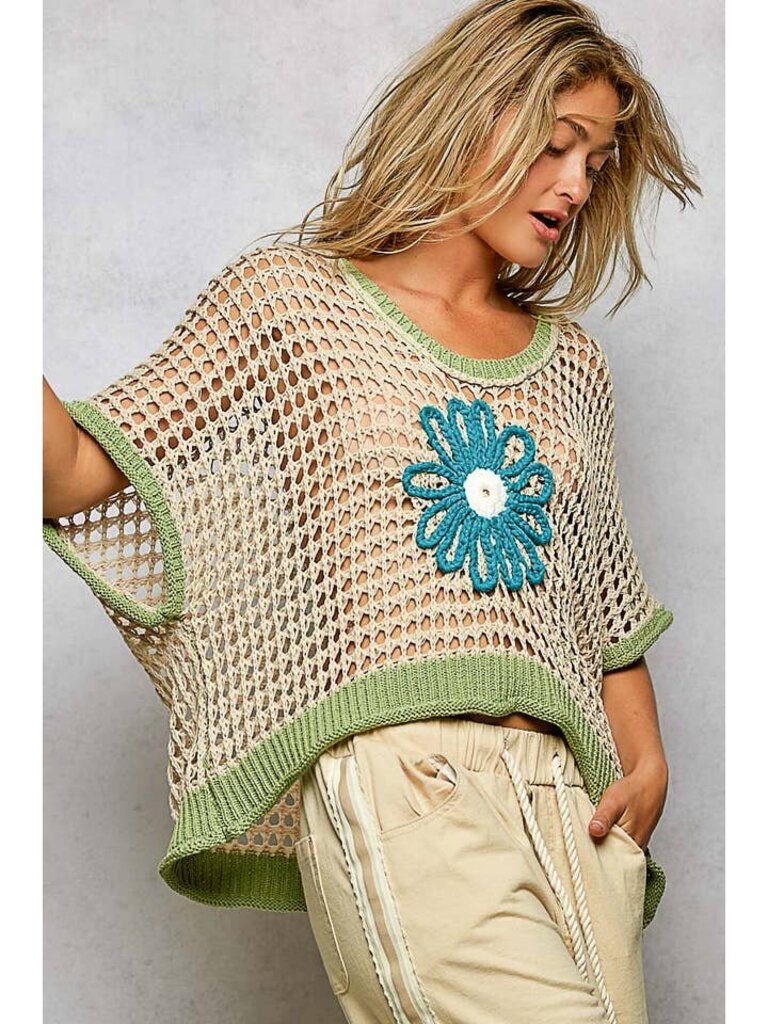 POL, Sweater,Round Neck Open Weave Floral