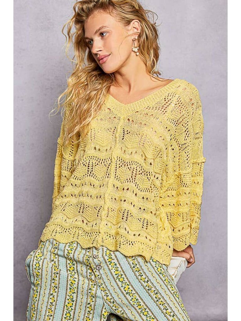 POL, Sweater,Open Knit V-Neck Scallop Edge