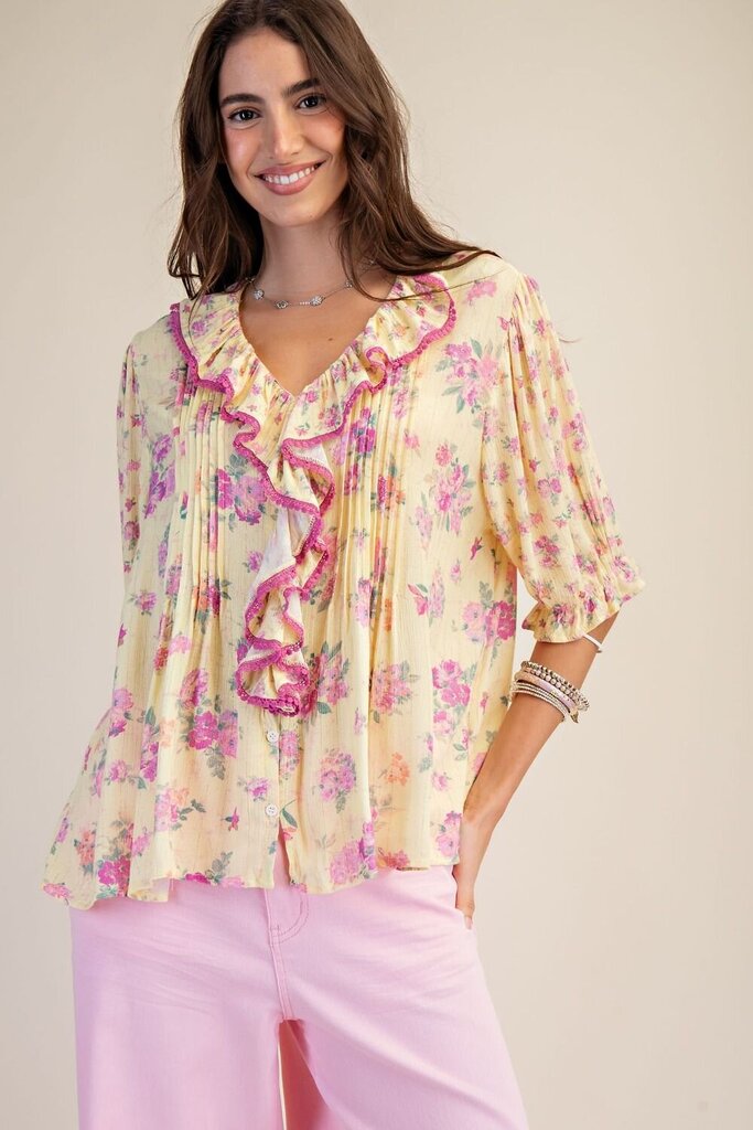 easel, Top,Floral Print S/S Gauze