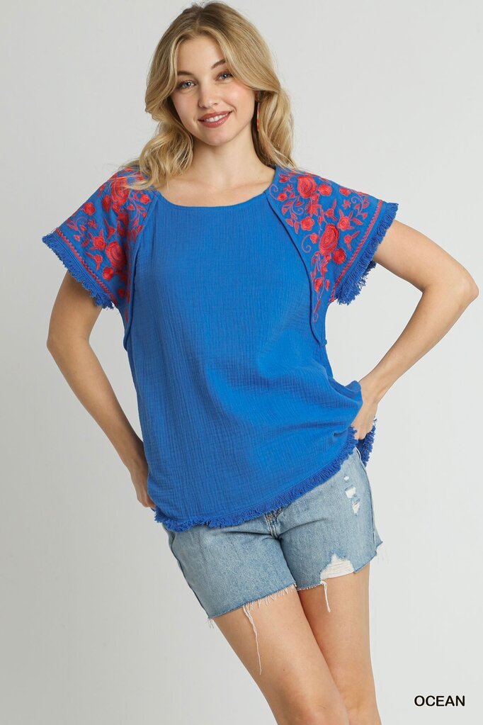 UMGEE, Top,Gauze w/Embroidered Sleeves