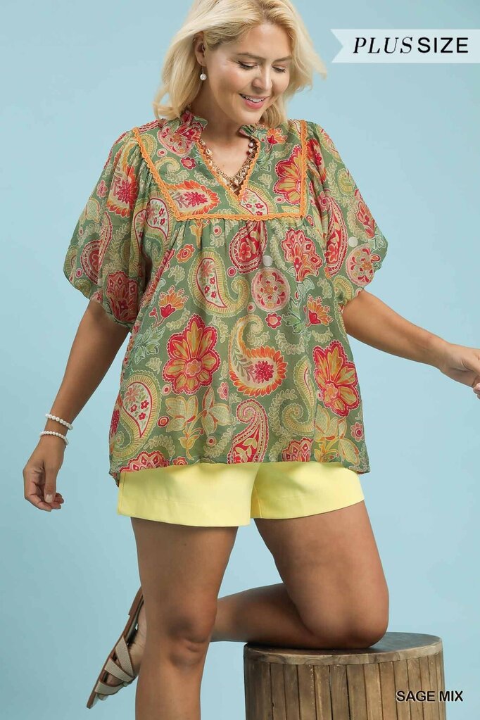 UMGEE, Top,Paisley Print w/Puff Sleeves,Sage Mix,2XL