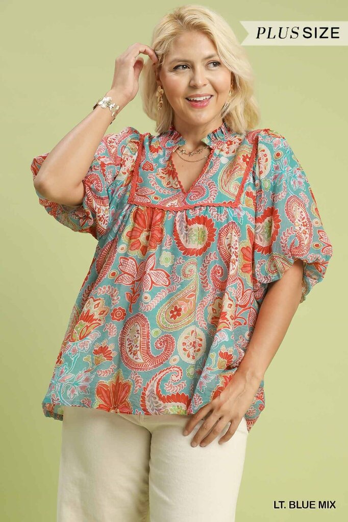 UMGEE, Top,Paisley Print w/Puff Sleeves,Sage Mix,2XL