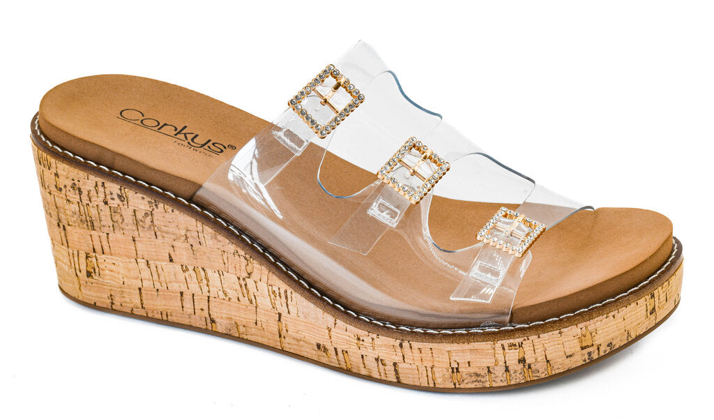 Corkys, Shoes,3 Strap Wedge,Clear,8
