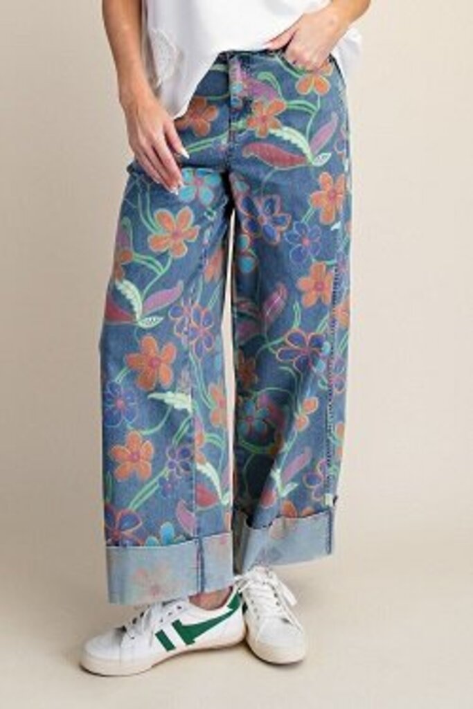 easel, Pants,Floral Print Wide Leg Denim