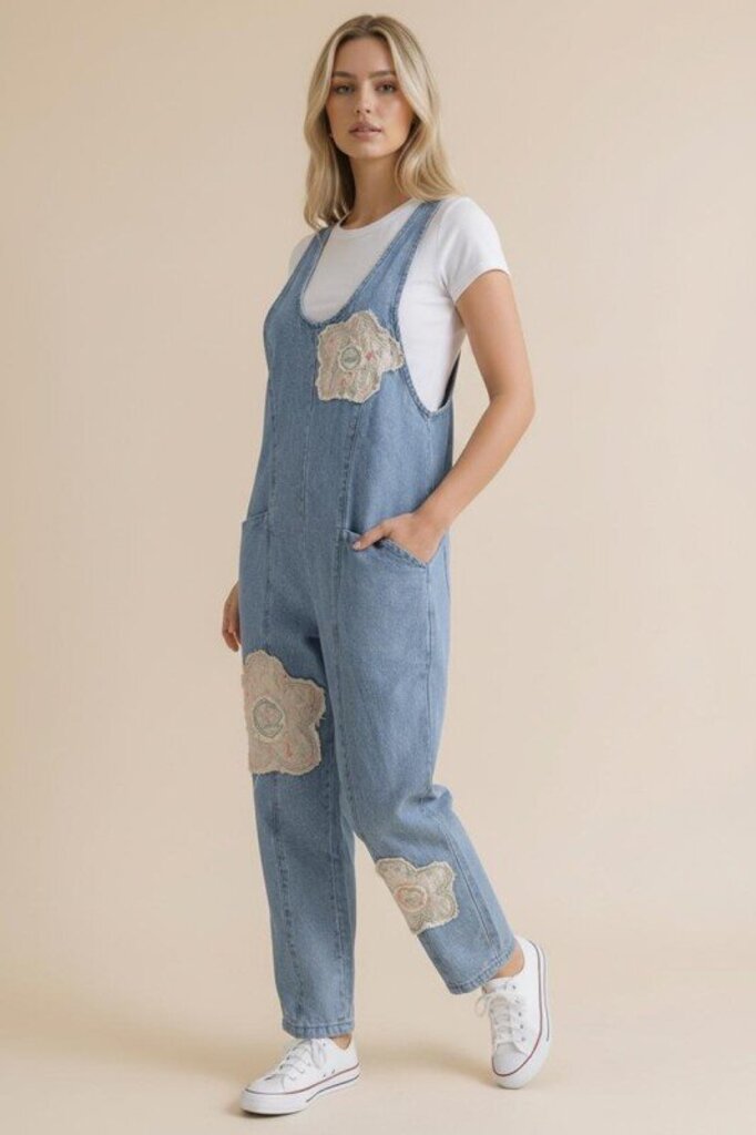 Haptics, Jumper/Romper,Barrel Leg Floral Patch Denim