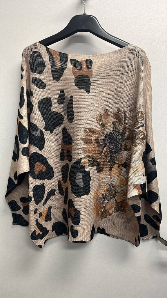 Loowie, Sweater,Leopard Floral Print,Beige,One Size