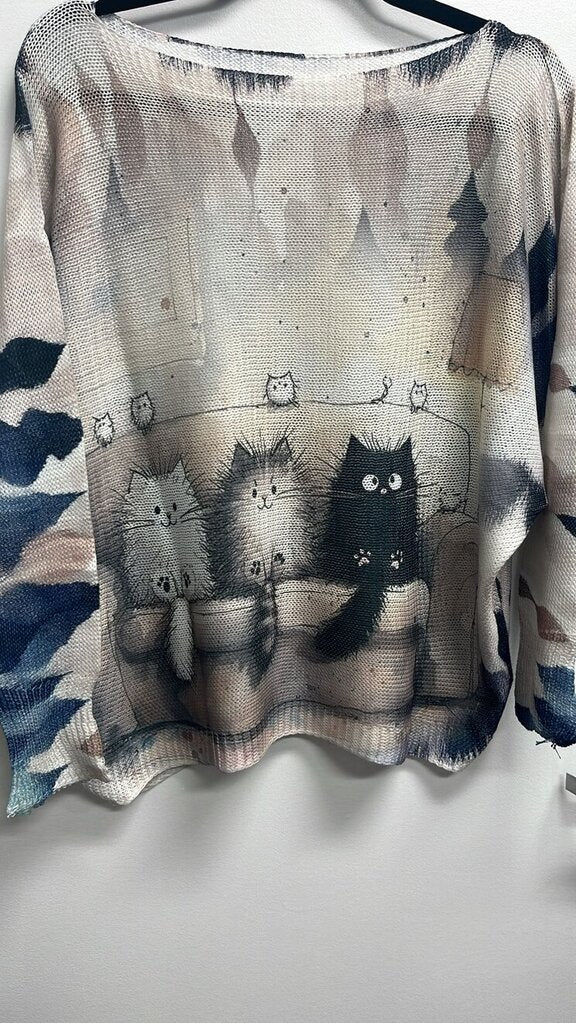 Loowie, Sweater,Crazy Cats Print,Beige Black,One Size