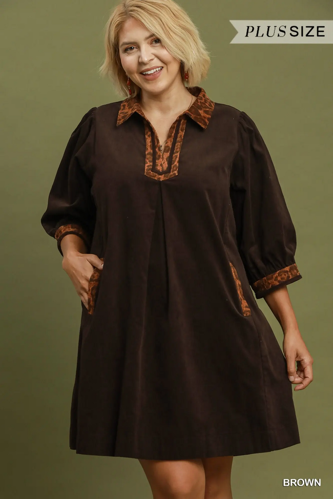 UMGEE, Dress,V-Neck Shift w/Leopard Trim