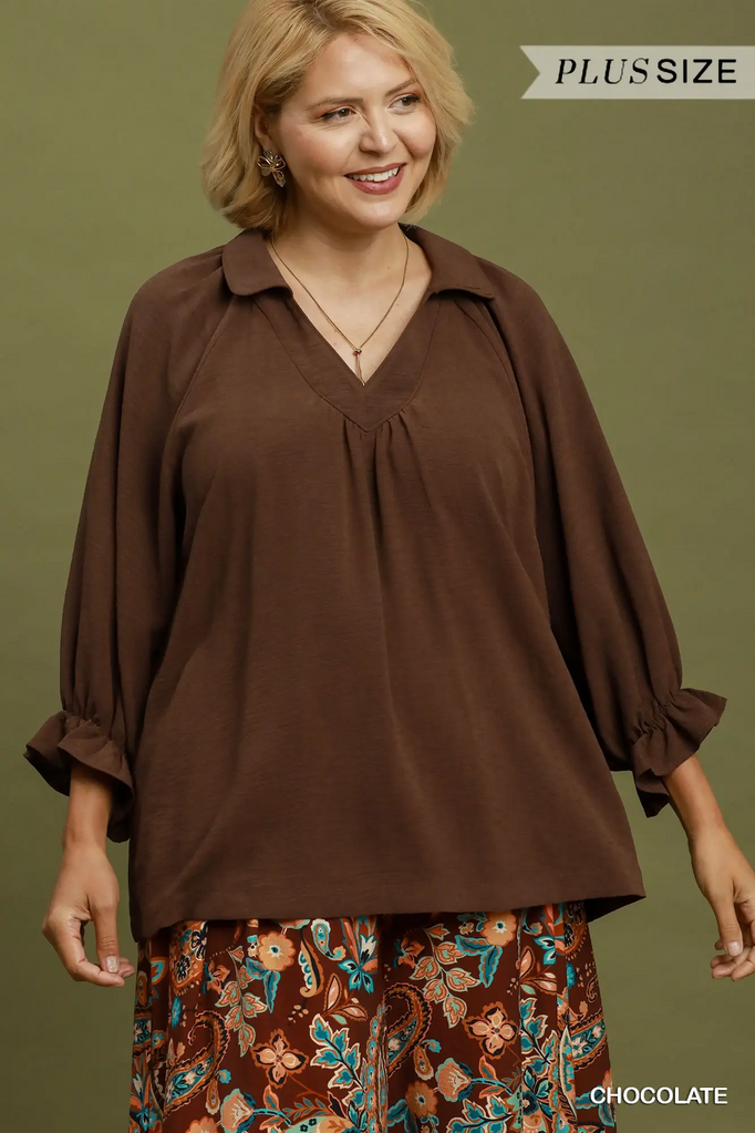 UMGEE, Top,Collared Split V Neck