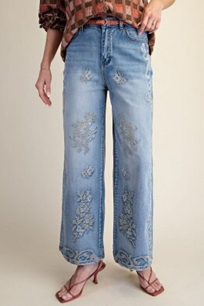 easel, Jeans,Embroidered Wide Leg