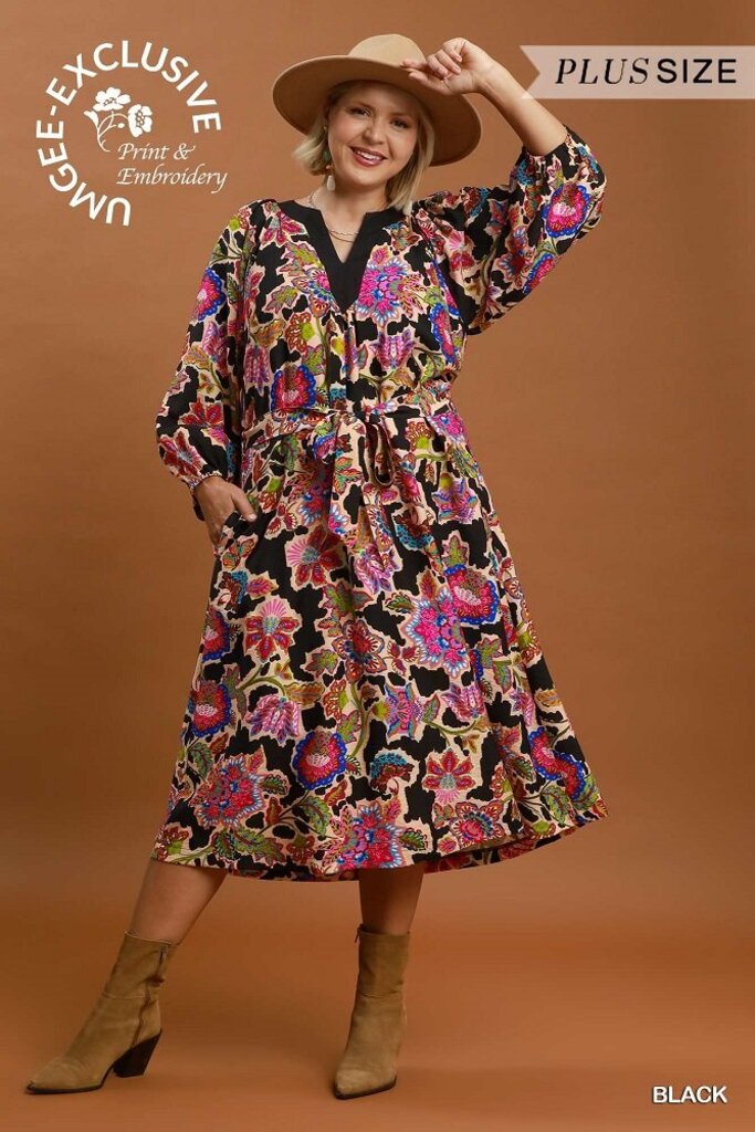 UMGEE, Dress,Floral Print V Neck Midi