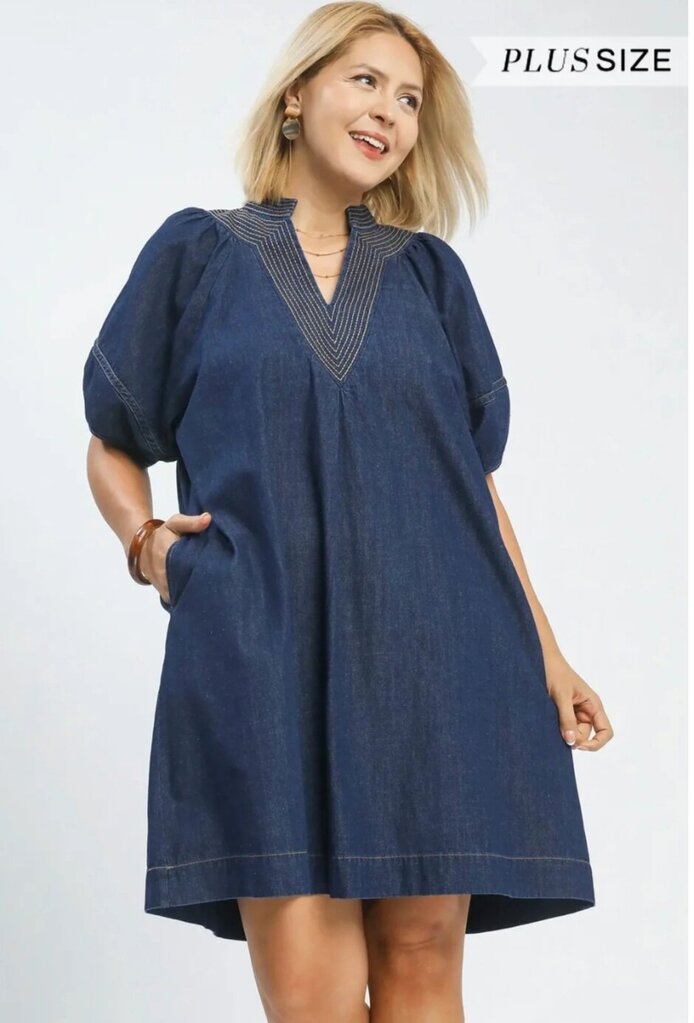 UMGEE, Dress,A-Line V-Neck Denim,Blue,2XL