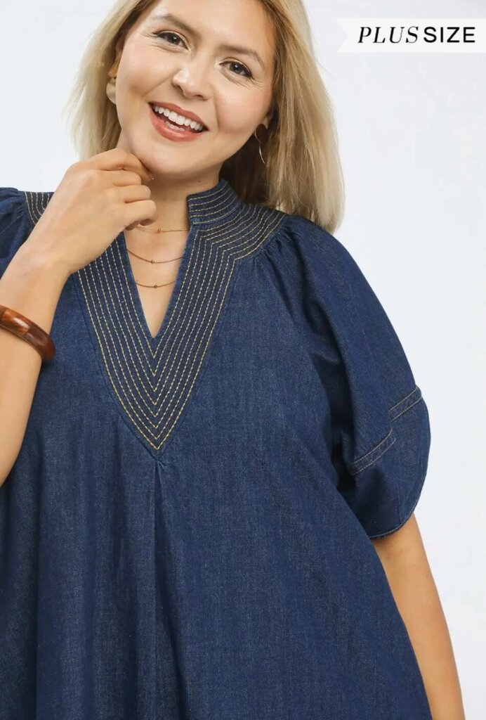 UMGEE, Dress,A-Line V-Neck Denim,Blue,2XL