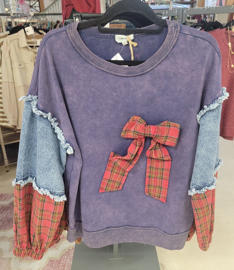Sage + Fig, Top,Plaid Bow Denim Sleeve