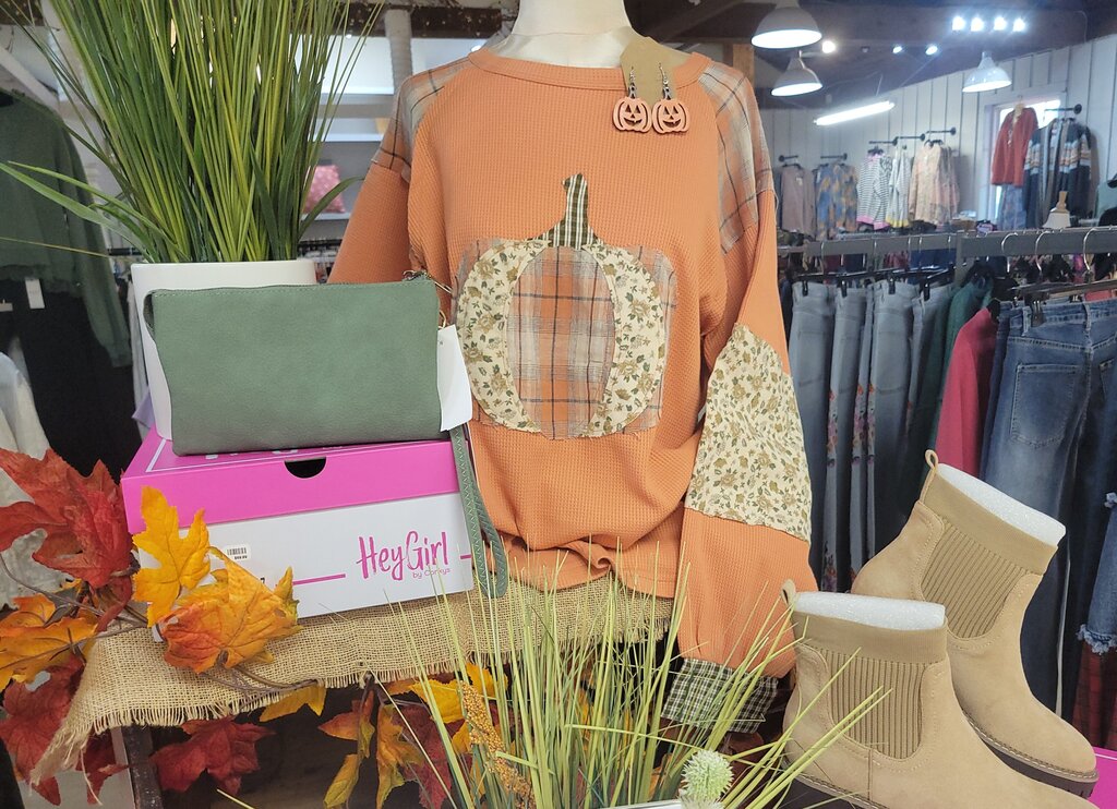 Haptics, Top,Pumpkin Patchwork Thermal Pullover,Rust,L
