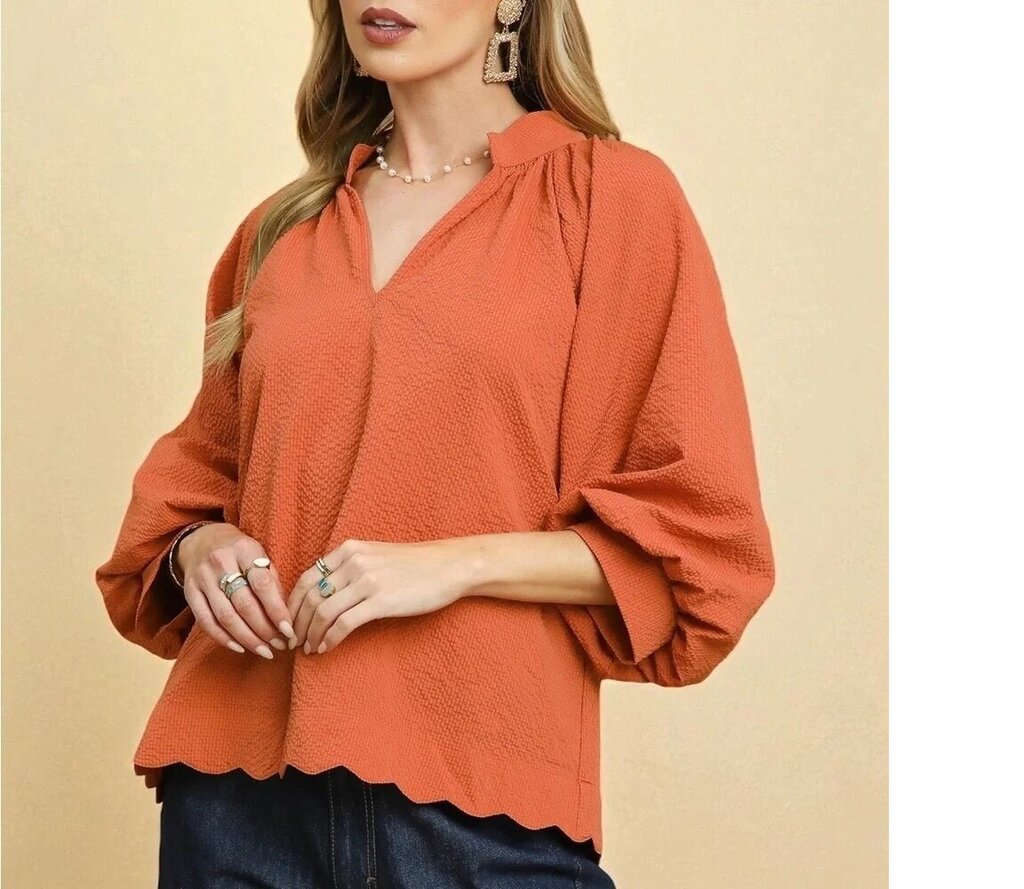 UMGEE, Top,V-Neck Scallope Hem,Rust,1XL