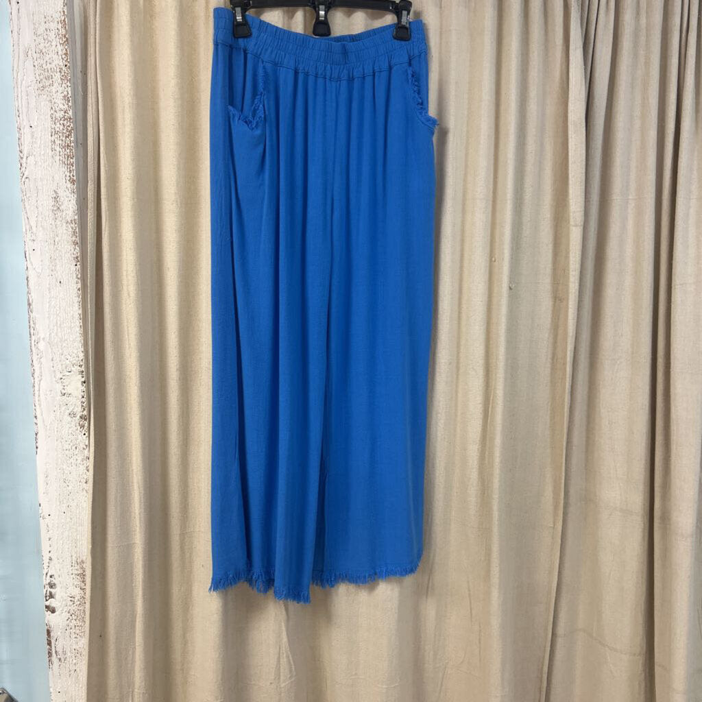 UMGEE, Pants,Linen Blend Wide Leg Fray Hem,Ocean,S