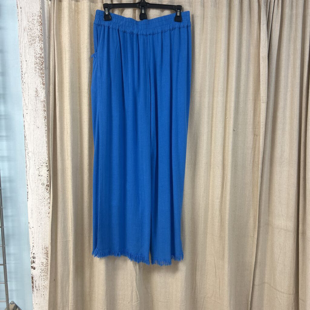 UMGEE, Pants,Linen Blend Wide Leg Fray Hem,Ocean,S