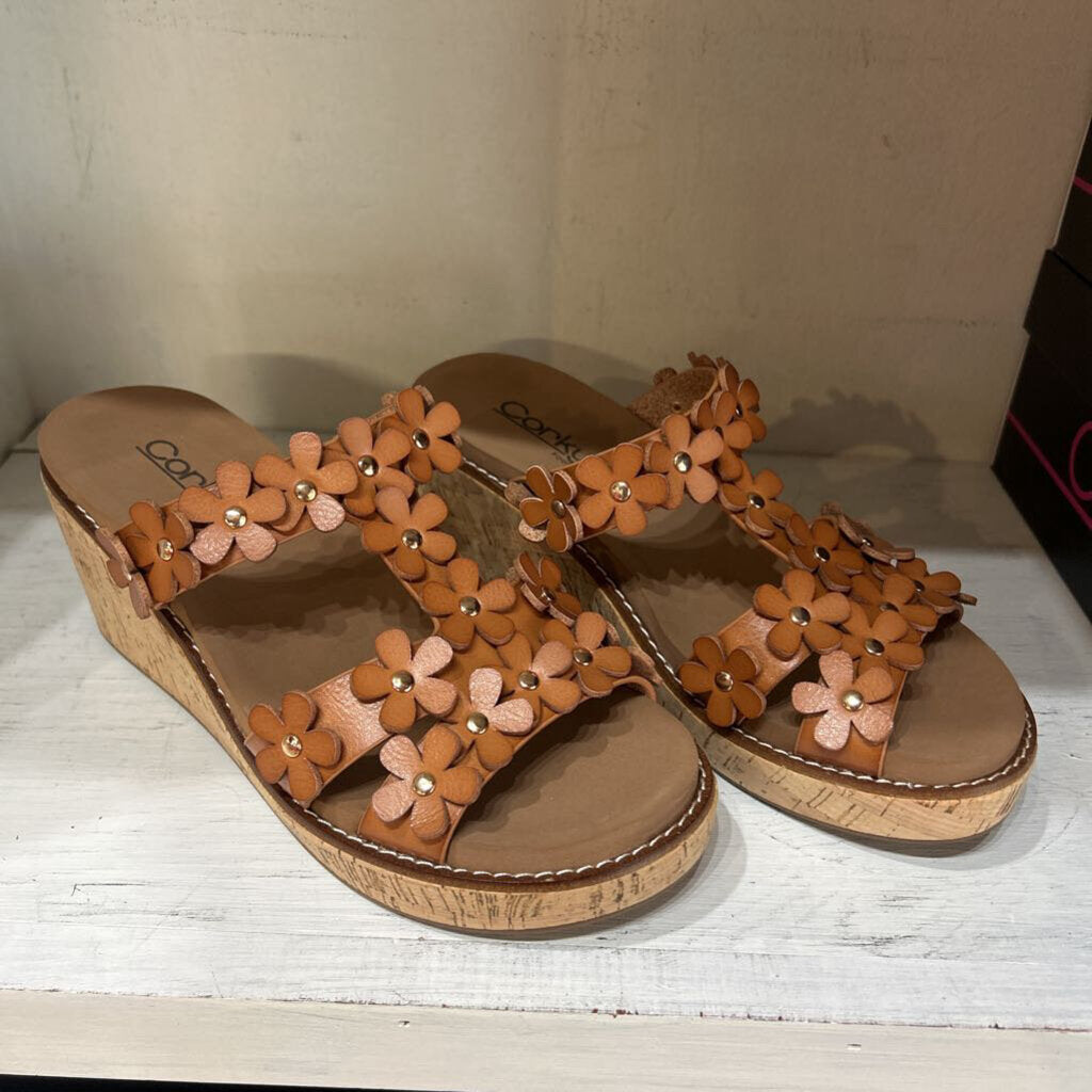 Corky's Footwear, Shoes,Flower Trim Wedge,Cognac,9