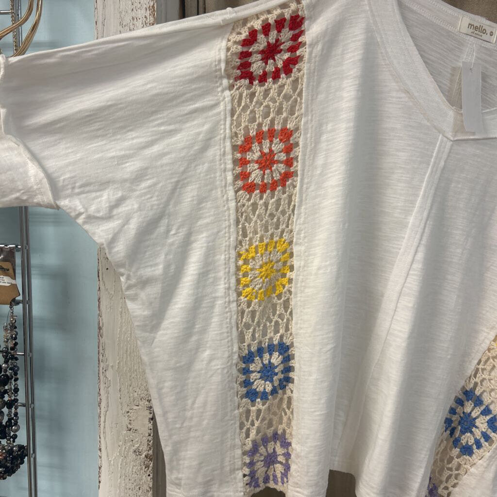 Mello, Top,Rainbrow Crochet Trim ,White,S