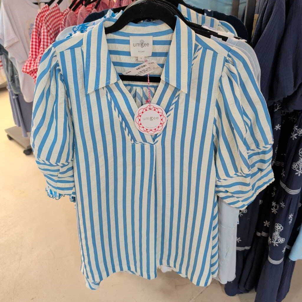 UMGEE, Top,Striped Puff Sleeve ,Blue Mix,S