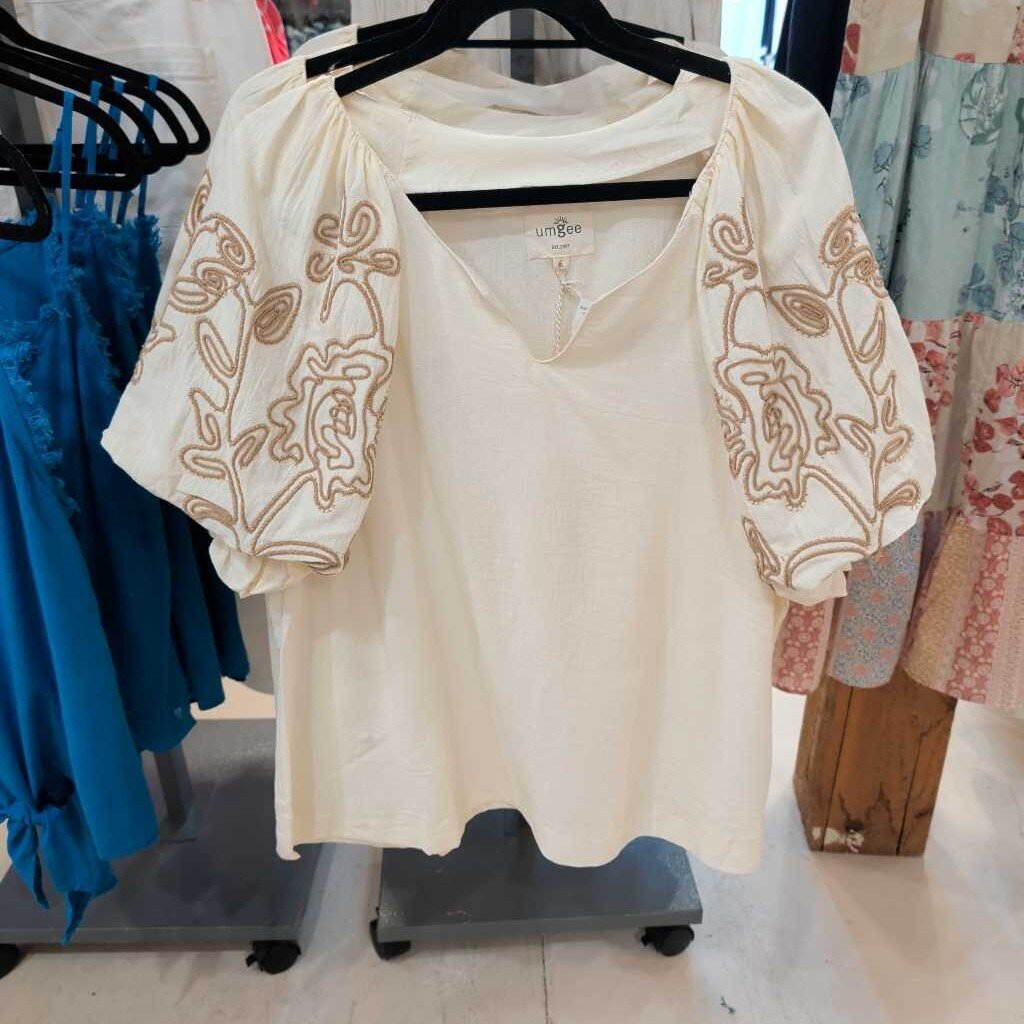 UMGEE, Top,Embroidered Sleeve Cotton,Natural,XL