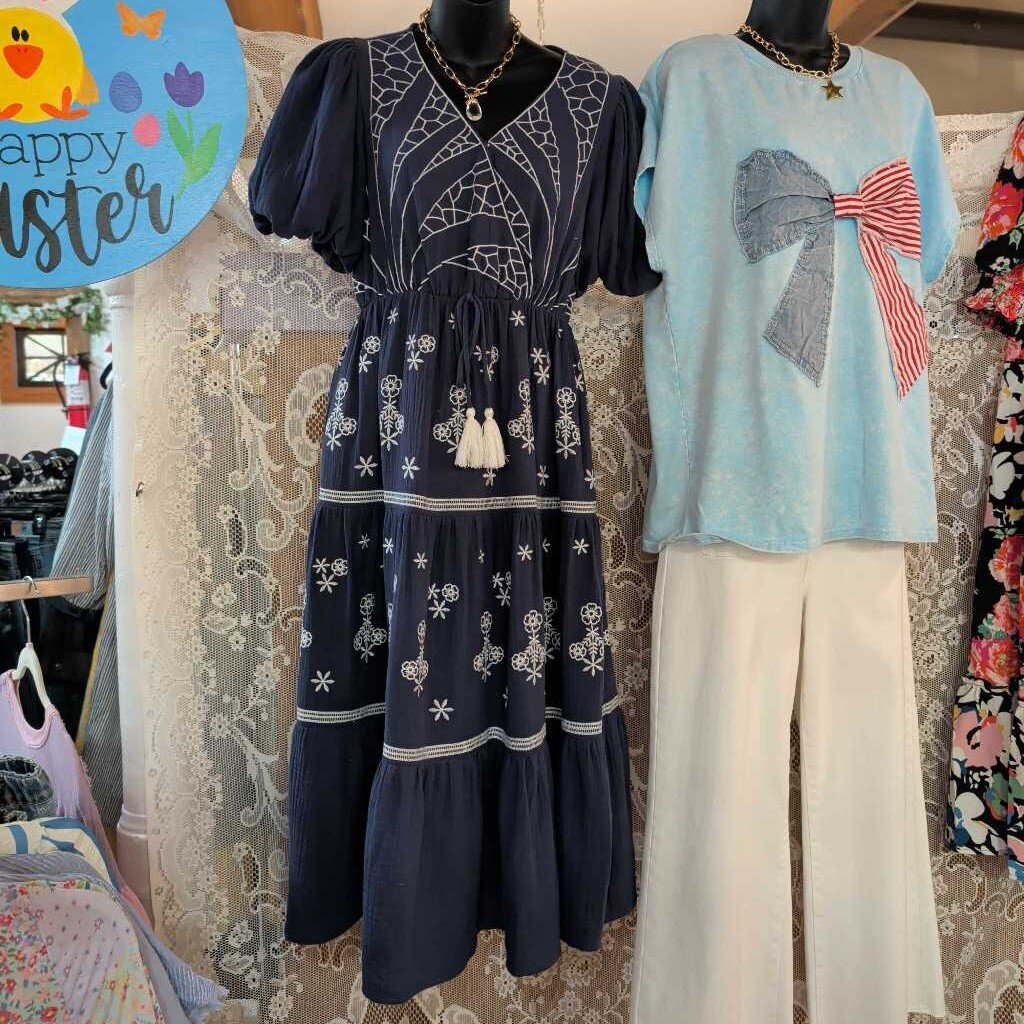 easel, Dress,Embroidered Tiered Maxi,Navy,S