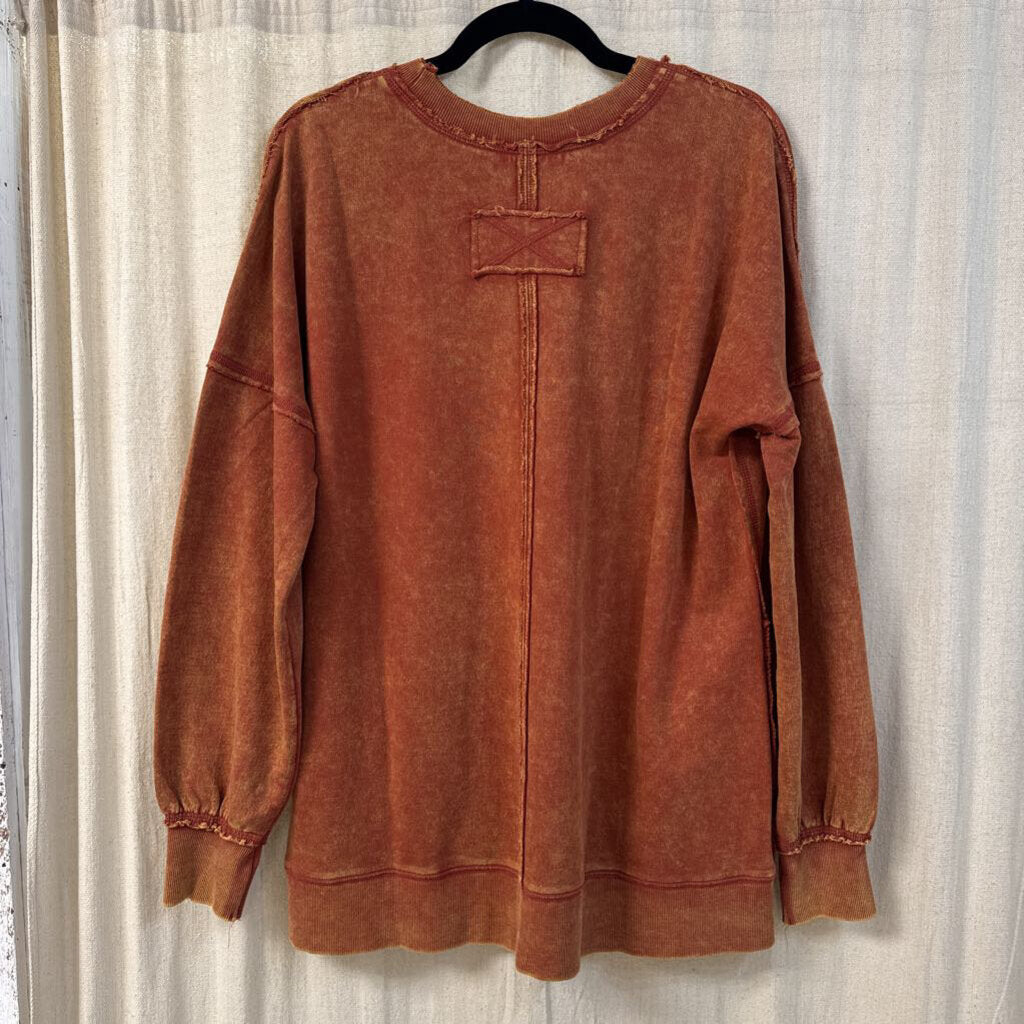 Zenana, Top,F/Terry Acid Wash Pullover,Rust,L