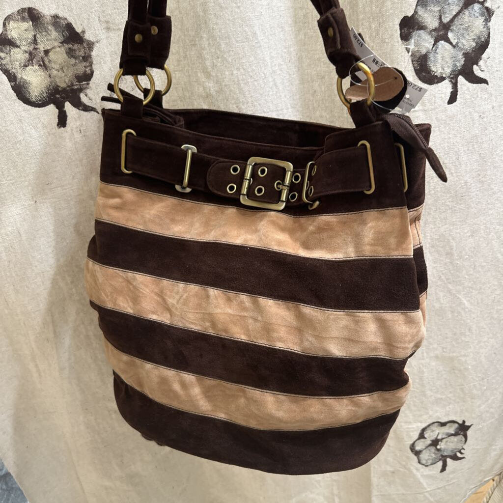 Bags,Striped Suede Hobo w/Buckle Trim,Brown